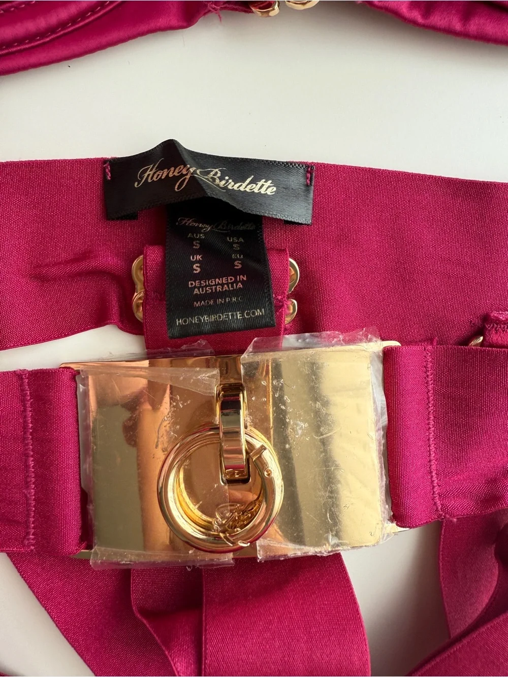 New Honey birdette Set Red Chastity Strap Satin Harness Bra 10dd 32 dd e panty S
